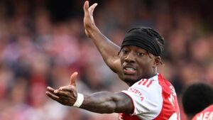 Arsenal forward Noni Madueke gesticulates during a match