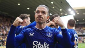Everton midfielder Jack Grealish celebrates a goal against Wolves in the Premier League on 30 August