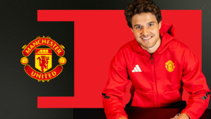 An image of goalkeeper Senne Lammens signing a contract as he is announced as a Manchester United player