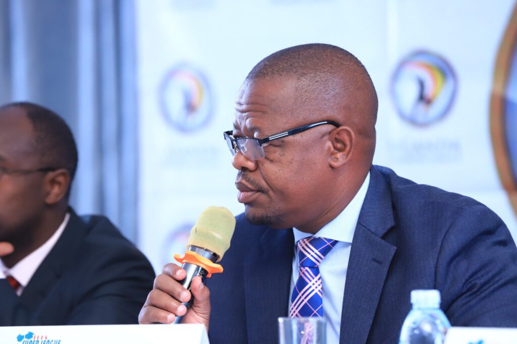 FUFA President Moses Magogo speaking in Jinja at the 12th Annual General Meeting.