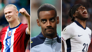 Split picture of Erling Haaland (Norway), Alexander Isak (Sweden) and Noni Madueke (England) playing in World Cup qualifying matches