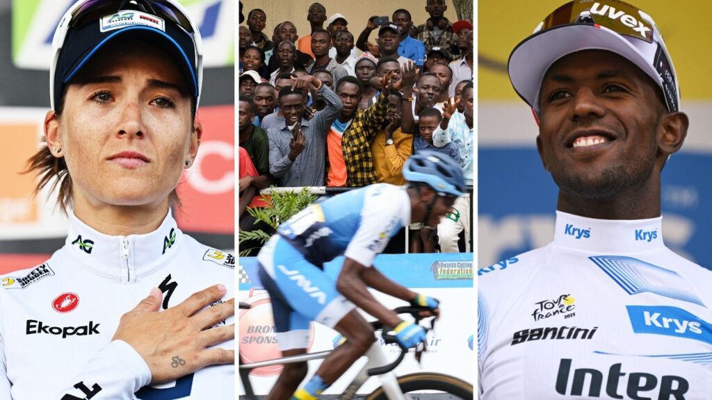A split image in three vertical columns shows Kim Le Court from chest up wearing a blue baseball cap and white cycling top with her right hand over her heart, a cyclist in blue and white riding past a passionate crowd of African fans and Biniam Girmay from chest up smiling while wearing a black and white cap and a white cycling top