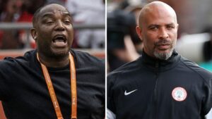 A composite image showing on the left Benni McCarthy wearing a black T-shirt with an orange lanyard over it as he shouts at a football match, while on the right Eric Chelle wears a black Nigeria tracksuit top and looks at the camera with a blank expression. Both men are seen from chest up