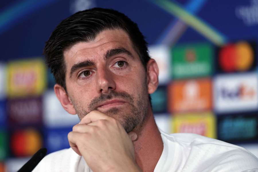 Real Madrid goalkeeper Thibaut Courtois looks on during a press conference