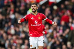 Bruno Fernandes gestures during the Manchester United v Sunderland match