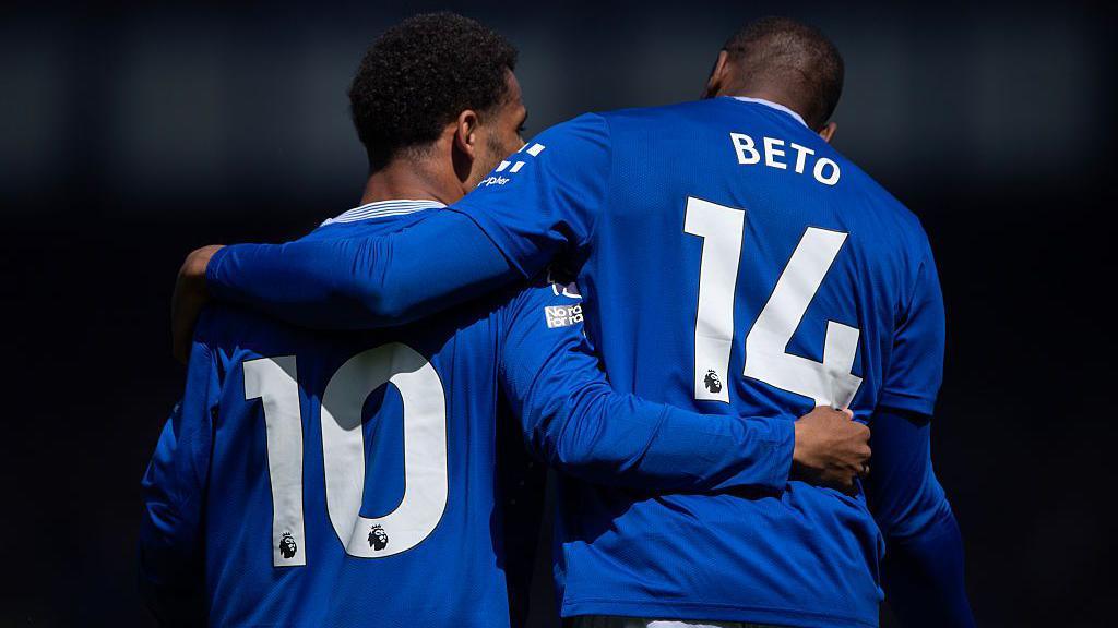 Everton winger Iliman Ndiaye and striker Beto during the Premier League win against Southampton in May 2025