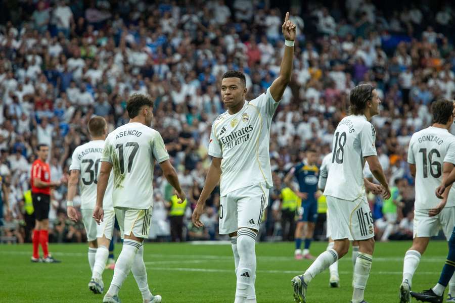 Real Madrid’s Kylian Mbappe celebrates scoring against Espanyol