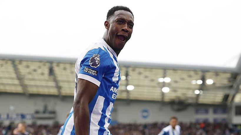 Danny Welbeck celebrates after scoring the opening goal for Brighton against Newcastle United at the Amex on 18 October, 2025