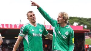 Dan Burn and Nick Woltemade during the Premier League match between Bournemouth and Newcastle United at Vitality Stadium on 21 September, 2025