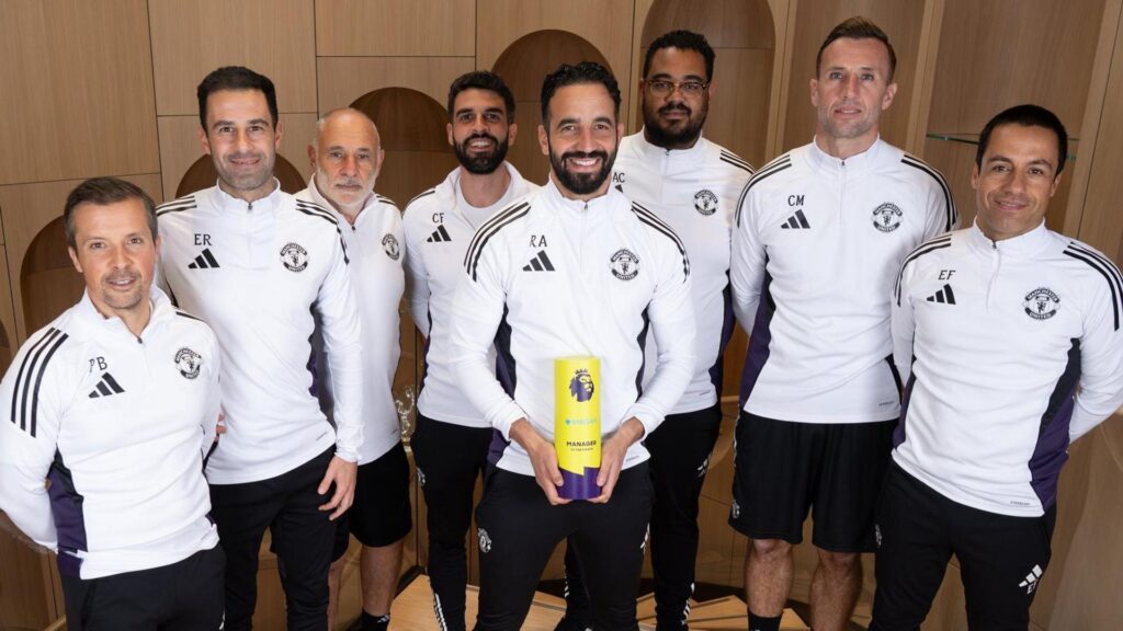 Manchester United manager Ruben Amorim and his staff with the Premier League manager of the month award for October