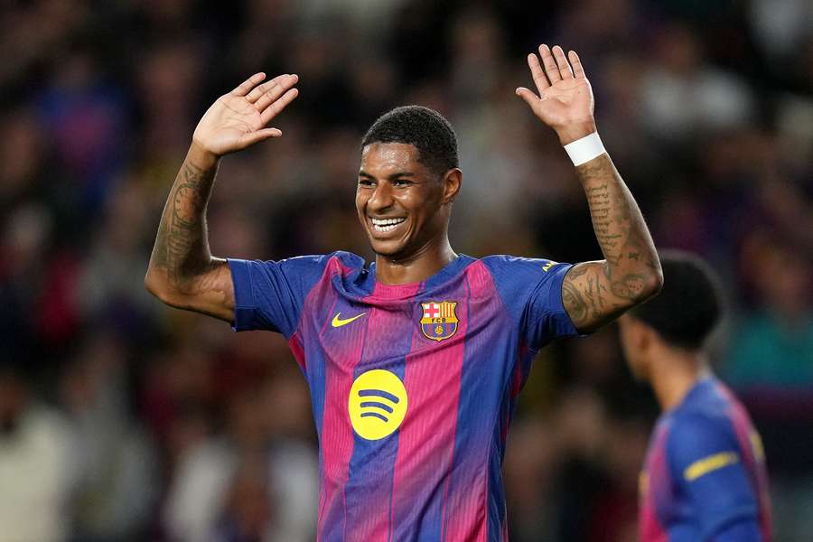 Rashford celebrates scoring for Barcelona