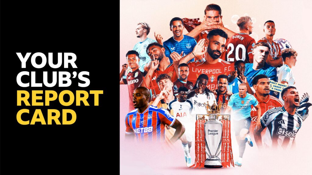 Text reads: Your club's report card
Image of 20 Premier League players and the trophy. All clubs represented.