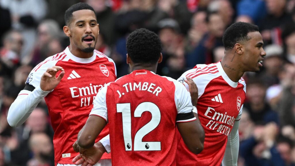 Arsenal defenders William Saliba, Jurrien Timber and Gabriel Magalhaes