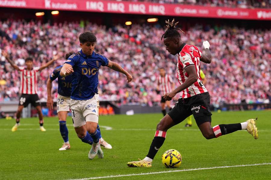 Athletic Club's match-winner Nico Williams takes on Santiago Colombatto