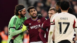 Lucas Paqueta of West Ham United reacts after being shown a second yellow and subsequent red card