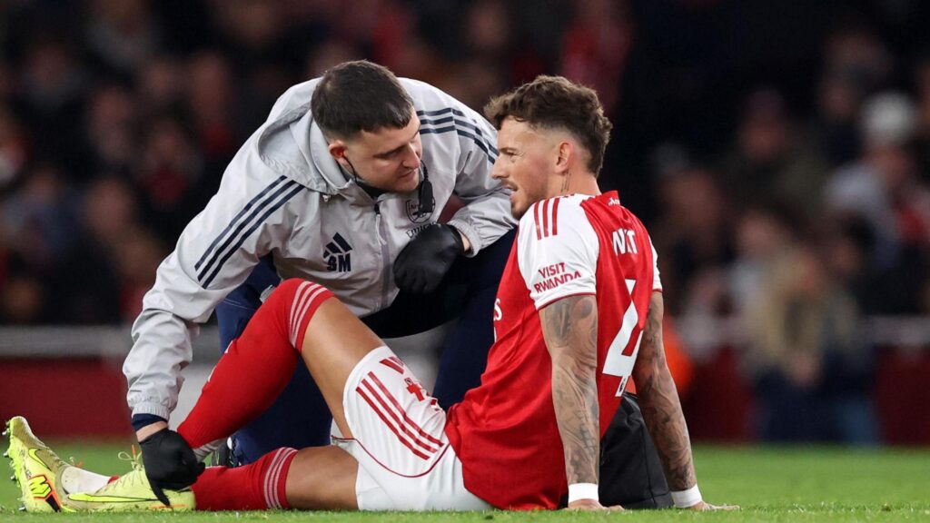 Arsenal defender Ben White receives treatment on the pitch during his side's 2-1 win over Wolves
