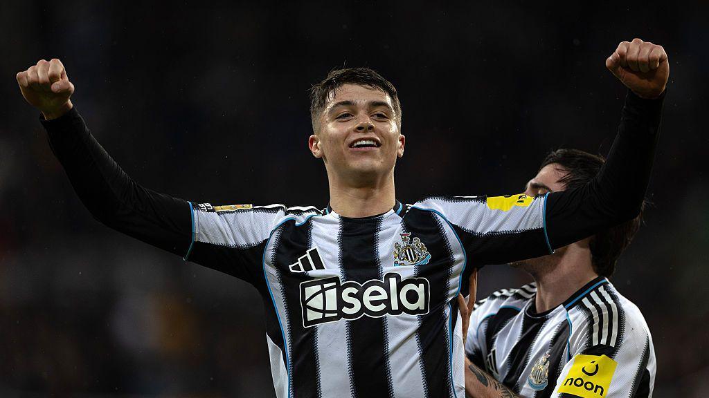 Lewis Miley celebrates after scoring for Newcastle United against Fulham at St James' Park on 17 December, 2025