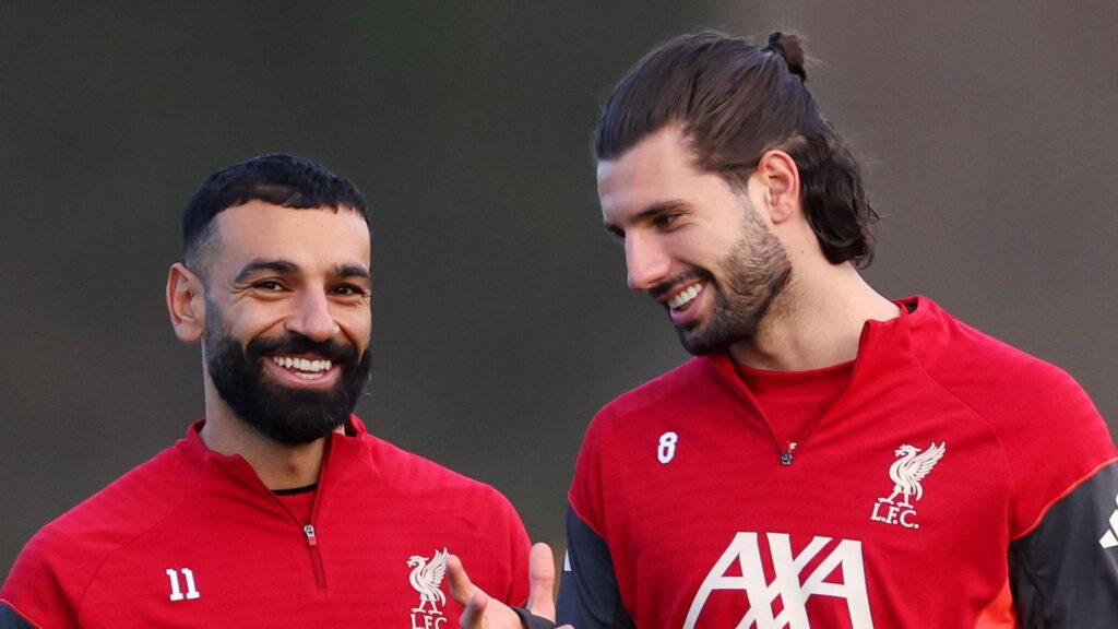 Mo Salah (left) and Dominik Szoboszlai laugh together