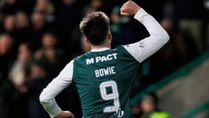 Hibs striker Kieron Bowie celebrates