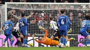 Newcastle United's Harvey Barnes scores against Leeds United
