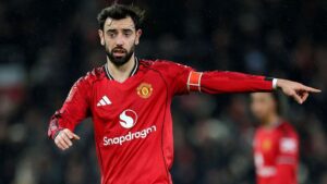 Bruno Fernandes pointing during the Emirates FA Cup third-round match between Manchester United and Brighton