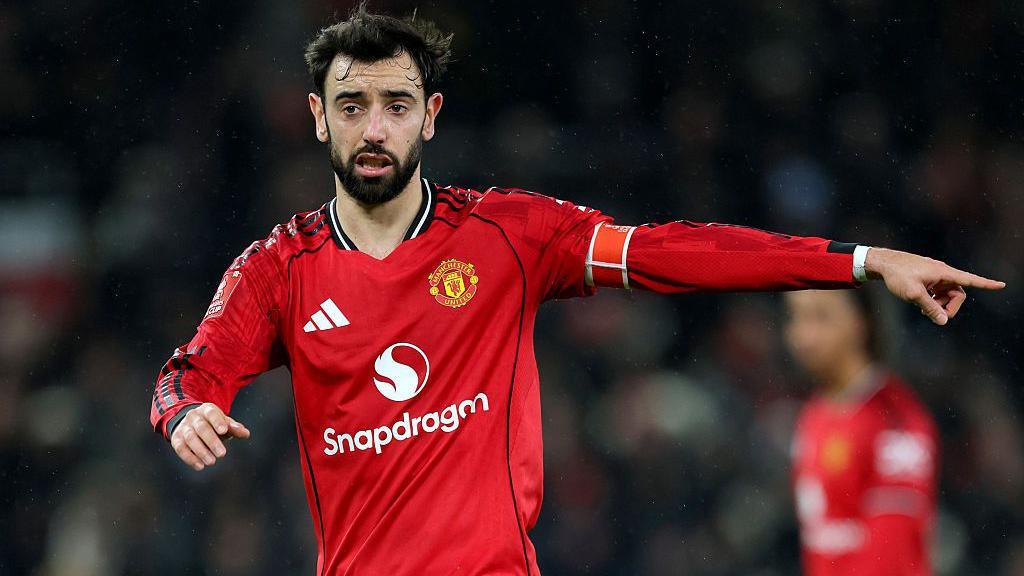 Bruno Fernandes pointing during the Emirates FA Cup third-round match between Manchester United and Brighton