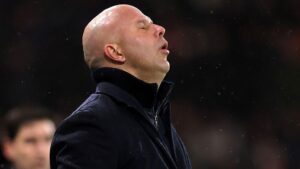 Liverpool boss Arne Slot shows his disappointment on the touchline